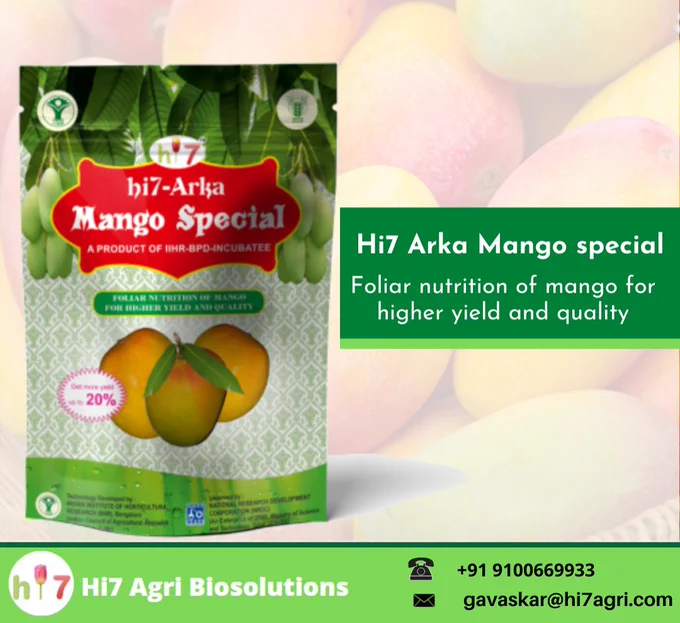 Arka mango special is a crop specific foliar micronutrient formulation. It increases the yield up to 15-20% and rectifies nutrient deficiency. It increases the disease resistance in the plant and is also cost effective.
It’s a formulation of the Indian Institute of Horticultural Research.