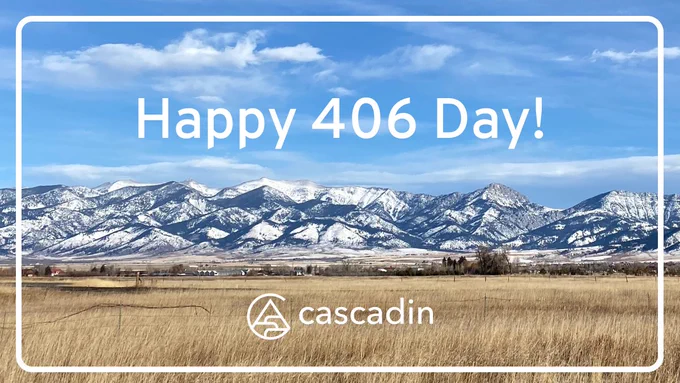 Photo of snow covered Bridger Mountains with text "Happy 406 Day!"