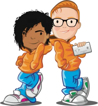 Illustration of two children leaning back to back. One holds a CO alarm. 