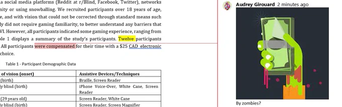 Screenshot of a paper draft with the sentence "All participants were compensated" linked to a comment saying "by zombies?" with an image of a zombie hand holding money 