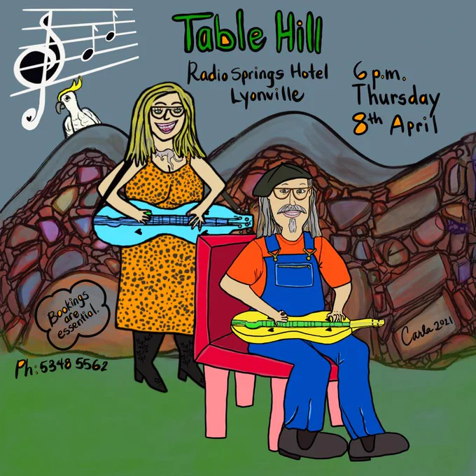 Table Hill music - Adrian Kosky and Carla Maxwell - Music in the raw, crafted from real life, with sounds from Memphis to the Mississippi Delta to the hills of Central Victoria, Australia - playing at Radio Springs Hotel, Lyonville, 6 pm Thursday, 8th of April, 2021. It's Thai Night Thursday! Bookings are essential. Ph: 03 5348 5562