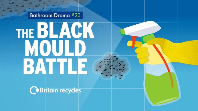 [ID: The image shows a hand holding a cleaning spray bottle spraying black mould. The text reads: Bathroom drama #23: "The Black Mould Battle"]