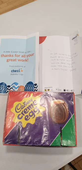 A thank you note for Chess Digital, and a sealed box of Creme Eggs.