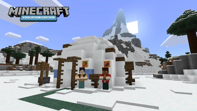 Two people stand outside a small hut in front of a snowy mountain in Minecraft: Education Edition.