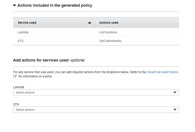 Services used:Actions used 
Lambda:ListFunctions
STS:GetCallerIdentity