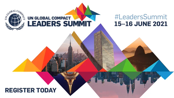 Logo: UN Global Compact Leaders Summit. #LeadersSummit 15–16 June 2021. Register today. Image: A mountain range shape formed by geometric triangles, some in SDGs colours, others featuring photos of landscapes from around the world.
