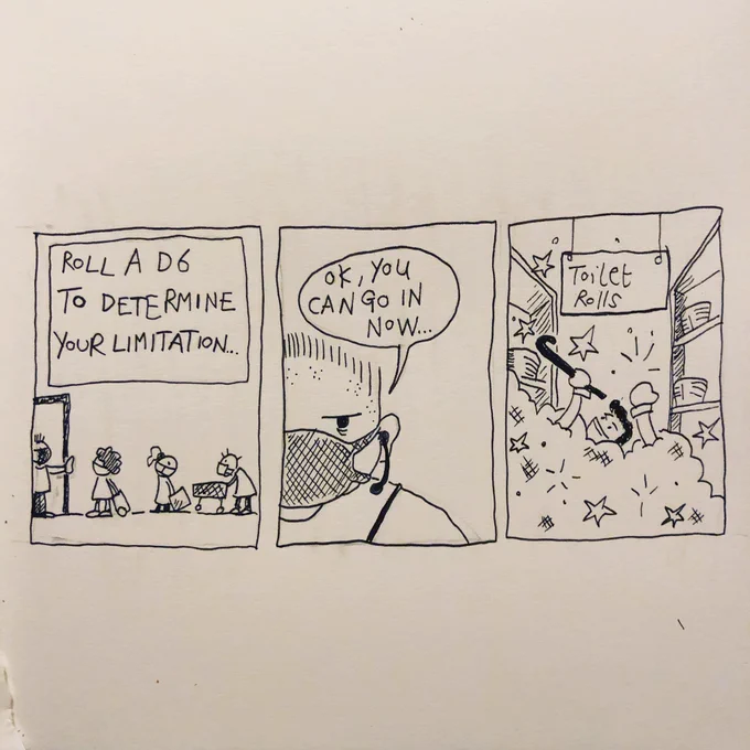 Three panel comic showing a queue of shoppers fighting over toilet rolls in the supermarket.