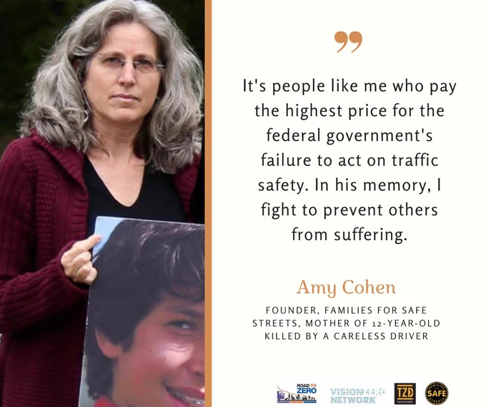 Woman holding picture of her son with quotation which reads "It's people like me who pay the highest price for the federal government's failure to act on traffic safety. In his memory, I right to prevent others from suffering." 