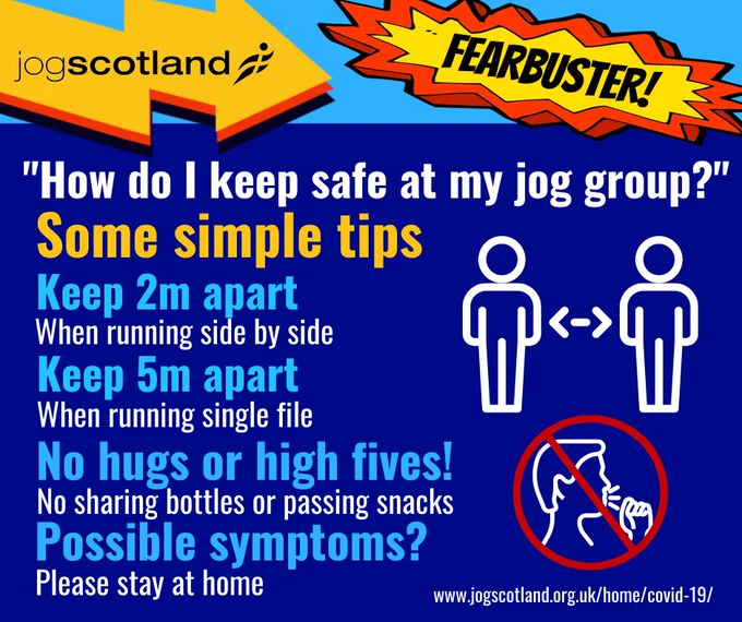 ALT TEXT: A graphic with a blue background. At the top is a jogscotland logo and a flash with the word Fearbuster! across it. Text reads “How do I keep safe at my jog group?” Some simple tips Keep 2m apart when running side by side. Keep 5m apart when running nsingle file. No hugs or high fives! No sharing bottles or passing snacks. Possible symptoms? Please stay at home. There is an image of two people with arrows between them indicating distance, and an image of a person coughing, with a red circle around it and a red line through it. Footer reads www.jogscotland.org.uk/home/covid-19