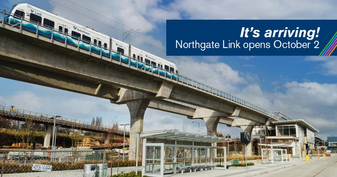 Photo of a test train pulling into Northgate Station. The Northgate Link extension with three new stations opens October 2. 