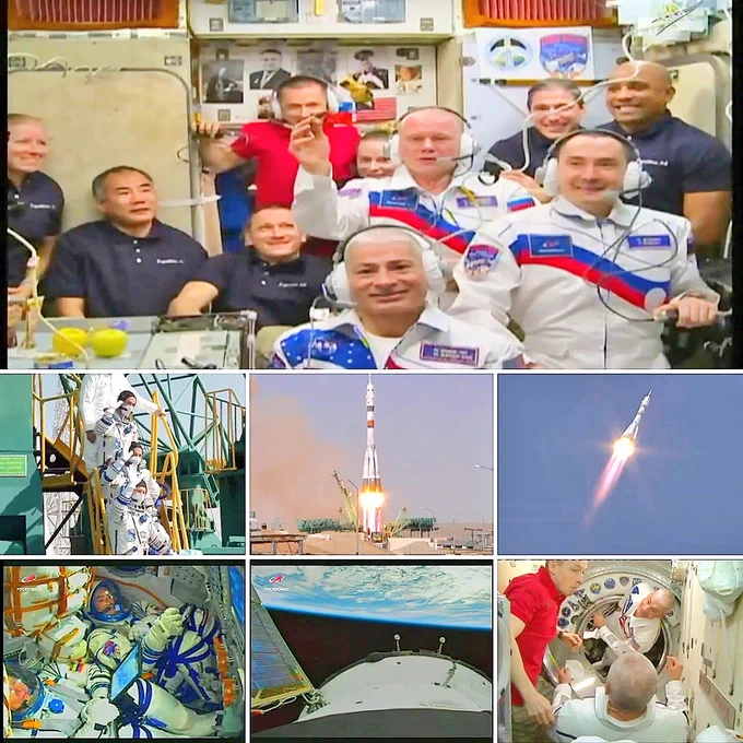 7 screenshots layout. 1st shot is at the upper half. 10 astronauts welcome ceremony. 2: 3 astronauts on the steps to Soyuz. 3&4: Liftoff! 5: Sitting in Soyuz. 6: Earth view from Soyuz. 7: Hatch opened.