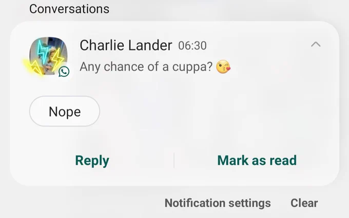 WhatsApp screenshot of an auto response 'Nope' to a text msg: Any chance of a cuppa?
