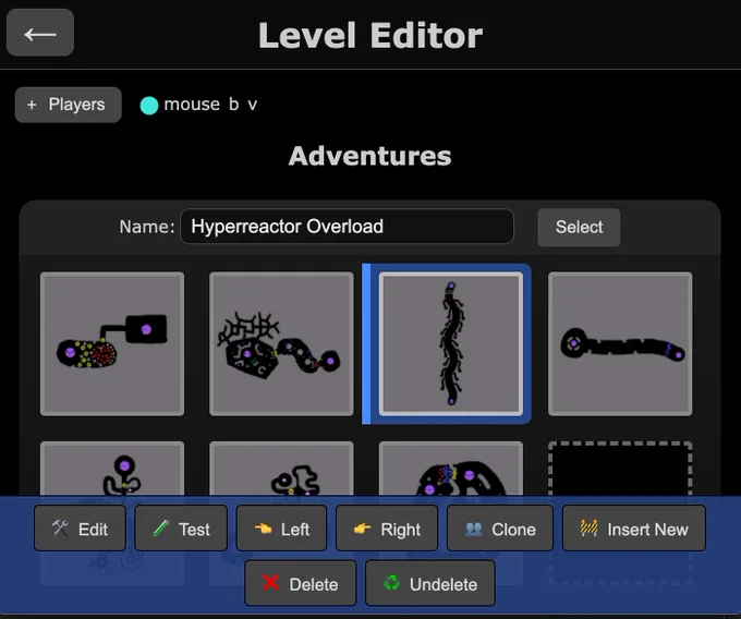 A level editor menu, showing a custom adventure, with seven levels. One level is highlighted, and a button bar at the bottom lists lots of applicable actions: Edit, Test, Left, Right, Cline, Insert New, Delete, and Undelete.