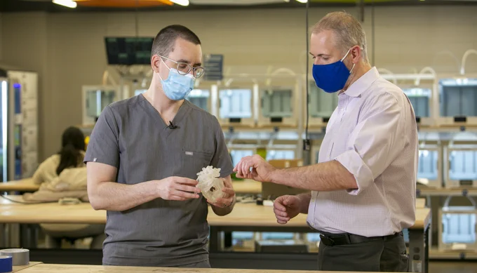 As part of a unique collaboration between the Duke Children’s Hospital and the Duke Innovation Co-Lab, 3D-printed hearts from patients' CT scans help cardiac surgeons visualize and plan a surgery to correct heart defects. Photo by Jared Lazarus.