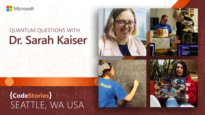 Text reads "Quantum questions with Dr. Sarah Kaiser. Seattle, WA USA" 4 screengrabs from the episode
