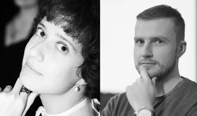 [Image Description: Side by side photos of Olga Lyoff and Victor Ilyukin looking stoically into the camera in soft focus black and white photos.]
