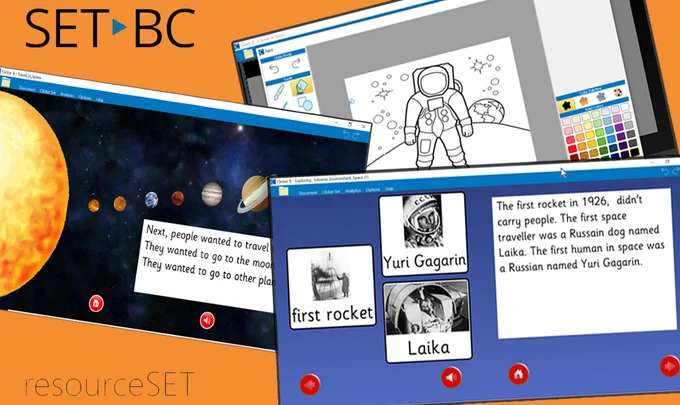 A collage of pages from three Clicker activities with space travel themes available on resourceSET - a page with the planets, a page with historic information about the first astronauts and a paint page with an astronaut to fill in with colour.