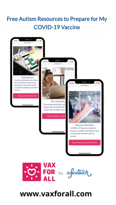 Three iPhone images that show the free resources available at vaxforall.com. This includes a texting story, a pre visit plan and a checklist.