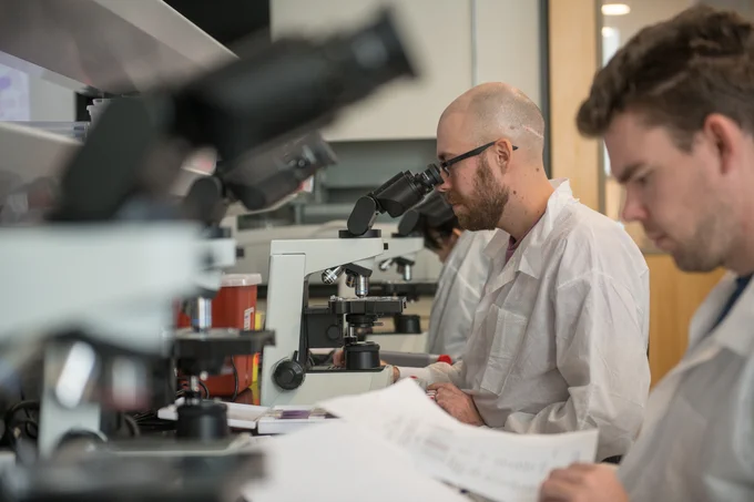 In the middle ground, a bald man with glasses and a beard is seated at a lab bench and looks into a microscope. In the foreground, another man reads over some printed pages as he sits in front of a microscope.