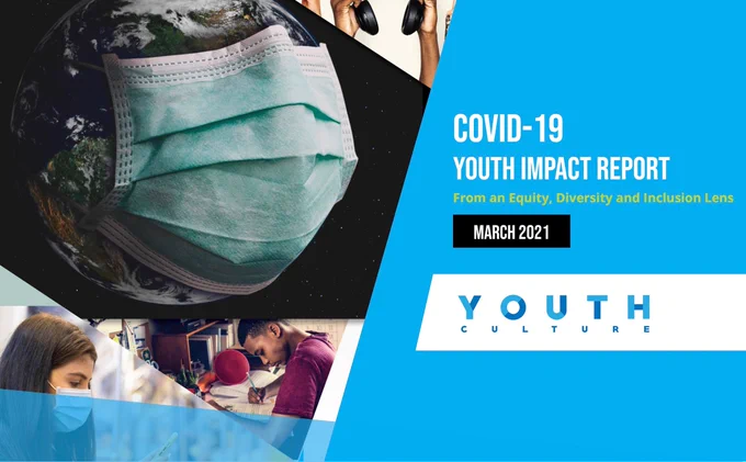 Image of the Earth with a mask on, with the caption: "COVID-19 Youth Impact Report. From an Equity, Diversity and Inclusion Lens. March 2021. Youth Culture."