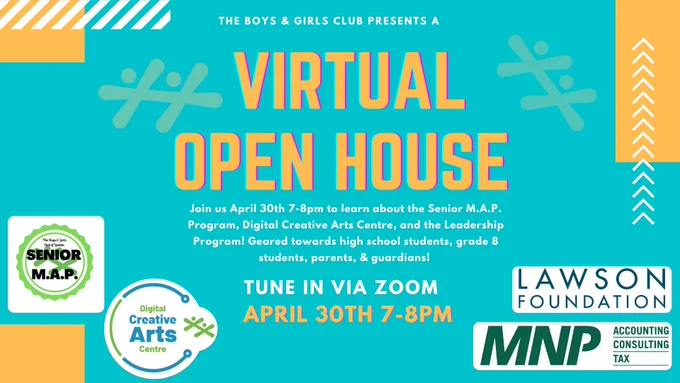 aqua coloured background with text in foreground. advertises the virtual open house for the Digital Creative Arts Centre. Register to join on April 30th from 7:00 p.m. to 8:00 p.m. via Zoom.