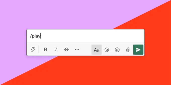 Image of the slack app input field with "/play" typed out. Background is half lilac and half red