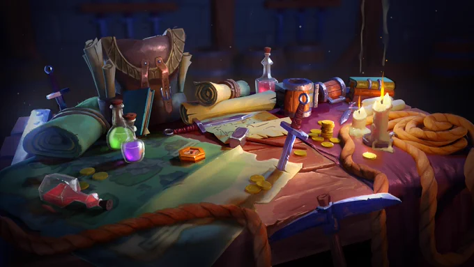 Adventure supplies laid across the table, a map held down by a dagger.
