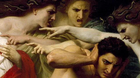 An 1862 painting by William-Adolphe Bouguereau called "Orestes Pursued by the Furies." In it, Orestes covers his ears, looking frightened and overwhelmed, while three mythological spirits yell at him angrily.