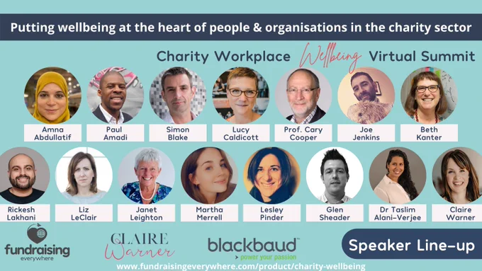 Charity Wellbeing Summit Speaker Image showing a photo of each of the people listed in the tweet, the logos of Claire Warner, Fundraising Everywhere and Blackbaud, and the conference url www.fundraisingeverywhere.com/product/charity-wellbeing