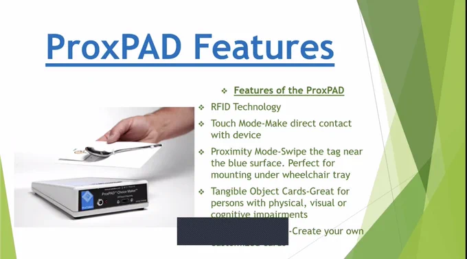 slide titled "ProxPad features" with a picture of a ProxPad.