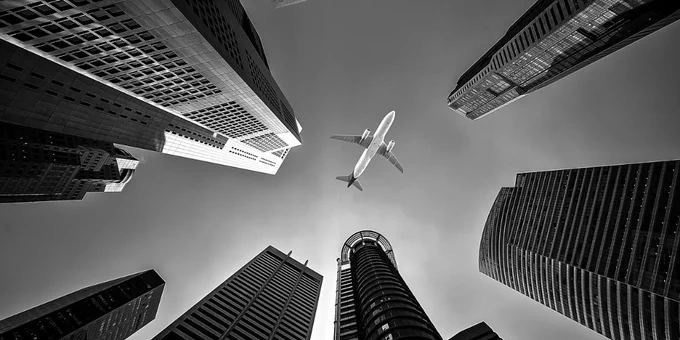airplane, buildings, perspective