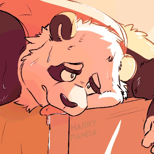 Zoomed in section of the drawing of an anthropomorphic panda bear with an exhausted look on his face.