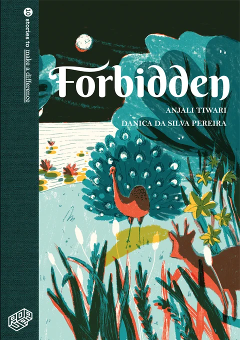 the front cover of forbidden, featuring a peacock in the centre, surrounded by bushes and such, with a deer peering out from the bottom right. Above, the moon shines.