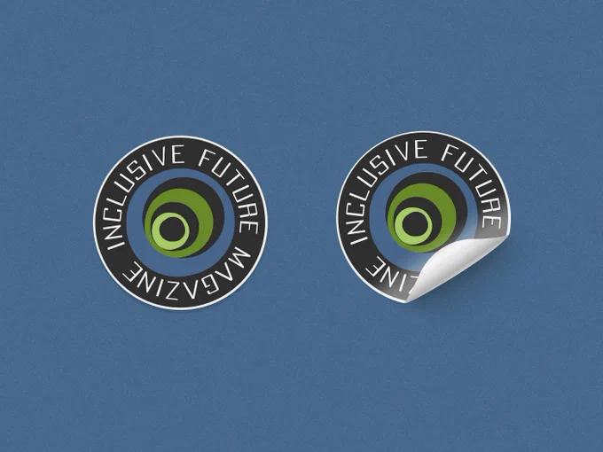 The Inclusive Future Magazine logo on a dark grey background as a mockup of circular stickers