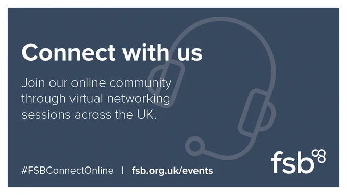 social card with Connect with Us for FSB connect online networking on tue 20 april 10am with link to fsb website and hashtag fsb connect online