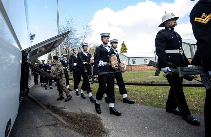 Sailors and Royal Marines prepare to leave Pirbright for Windsor and a full dress rehearsal