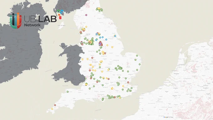 A graphic showing a map of England in white with pale yellow sea and grey filters over Ireland, Northern Ireland, Wales and Scotland.

Small red, yellow, green, purple, blue and grey circles show the locations of councillors from different parties who have signed the pledge.

In the top left corner is the UBI Lab Network logo.

At the bottom of the image is the hashtag #CouncillorsForUBI