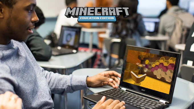 A student plays Minecraft: Education Edition on a Chomebook.