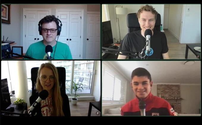 Screenshot of video chat with Adam, Kai, Malin, and Zach