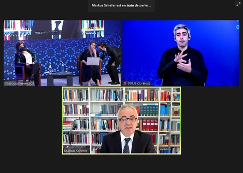 Screenshot of the Zoom conference with Markus Schefer speaking 