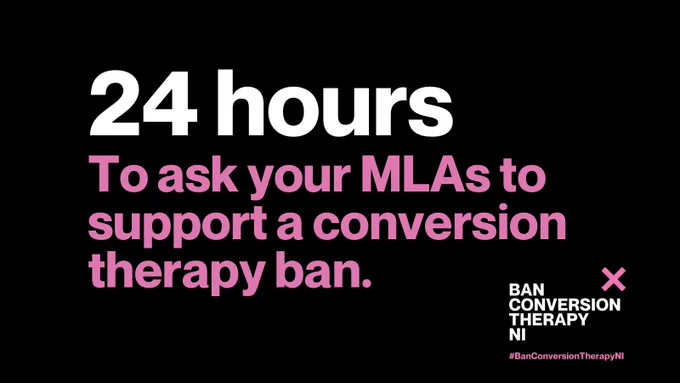 The image has a black background with a bold font, reading "24 hours To ask your MLAs to support a conversion therapy ban." The 'Ban Conversion Therapy NI' logo is in the bottom right hand corner in the same bold font with the same pink and white colour scheme..