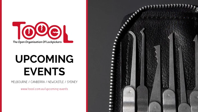 An image split in half, the left is white and the right is a photo of lockpicks in a leather case.

On the white side it shows the Toool logo and then “upcoming events” in black. 

Underneath it says “Melbourne / Canberra / Newcastle / Sydney”

Underneath it says www.toool.com.au/upcoming-events in red.