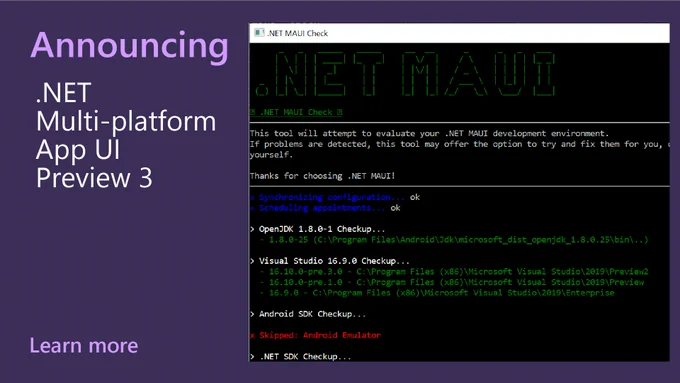 Image with the text: Announcing .NET Multi-platform App UI Preview 3 and a screenshot of the .NET MAUI UI.