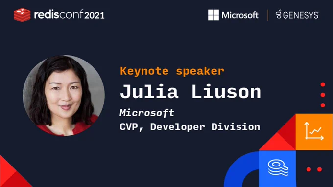 Text reads, "Keynote speaker, Julia Liuson. Microsoft, CVP, Developer Division" with a photo of Julia Liuson.