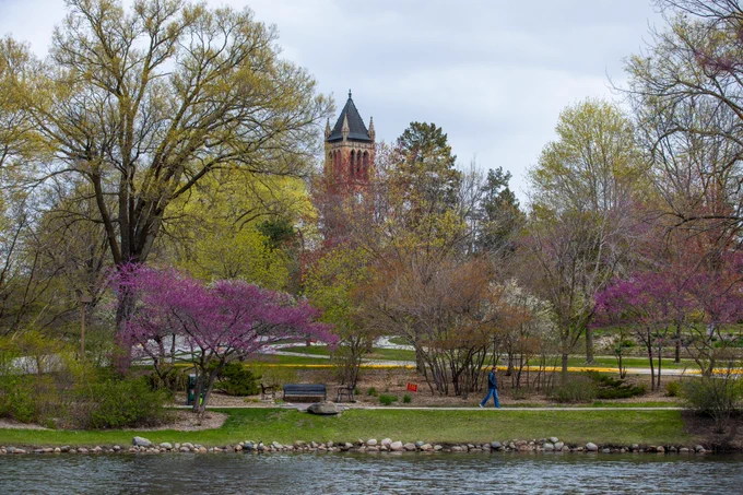 Springtime view of Lake LaVerne and the campanile.