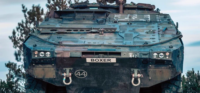 A close up of the Boxer mechanised infantry vehicle (MIV) in a field.