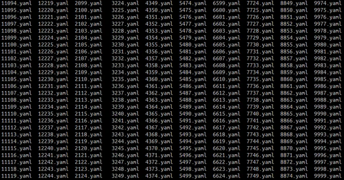 Command line output showing a long list of files with numeric names.