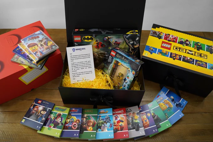 Red & Yellow box representing a LEGO brick alongside a spread of the LEGO bundle prizes noted in the tweet surround the box.