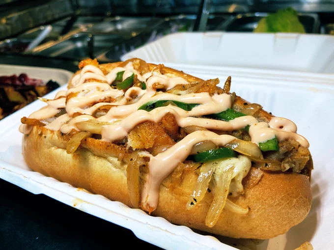 Chesapeake Blue Catfish with caramelized green peppers and onions, provolone cheese and our special aioli sauce.