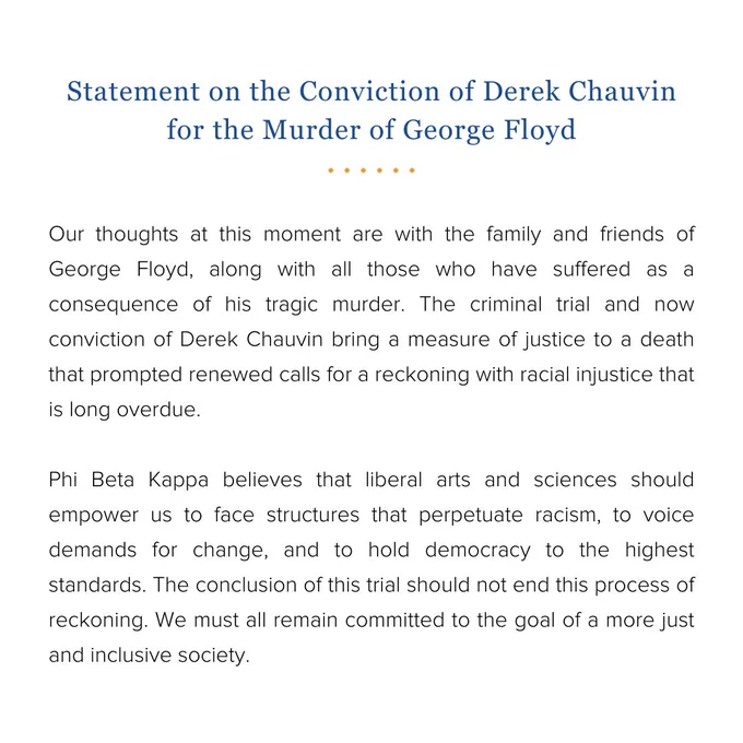 Text saying Statement on the Conviction of Derek Chauvin for the Murder of George Floyd.  Full text in the link.